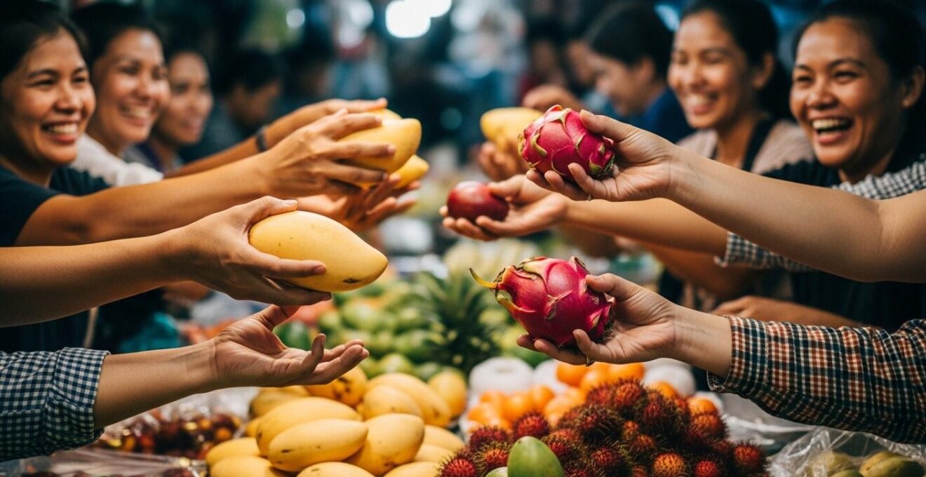 Visages et mains d'habitants échangeant des produits frais sur un marché thaïlandais vibrant