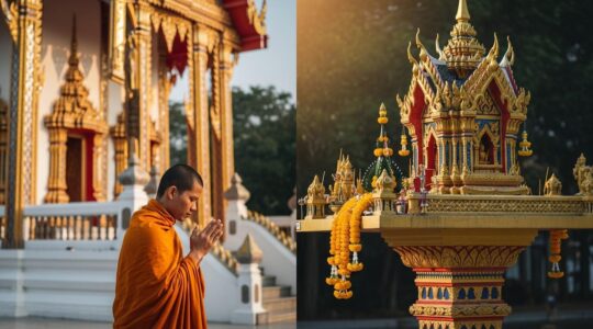 Photographie réaliste illustrant des éléments clés de la culture thaïlandaise : un temple doré en arrière-plan, un moine en robe safran faisant un wai respectueux, et une maison des esprits décorée avec des offrandes.