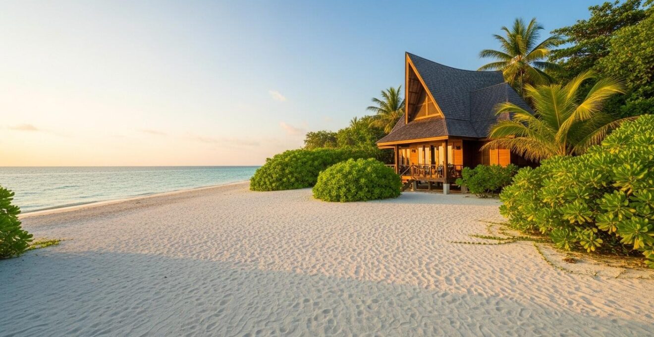 Bungalow traditionnel thaïlandais posé directement sur la plage, ambiance paisible au coucher du soleil.