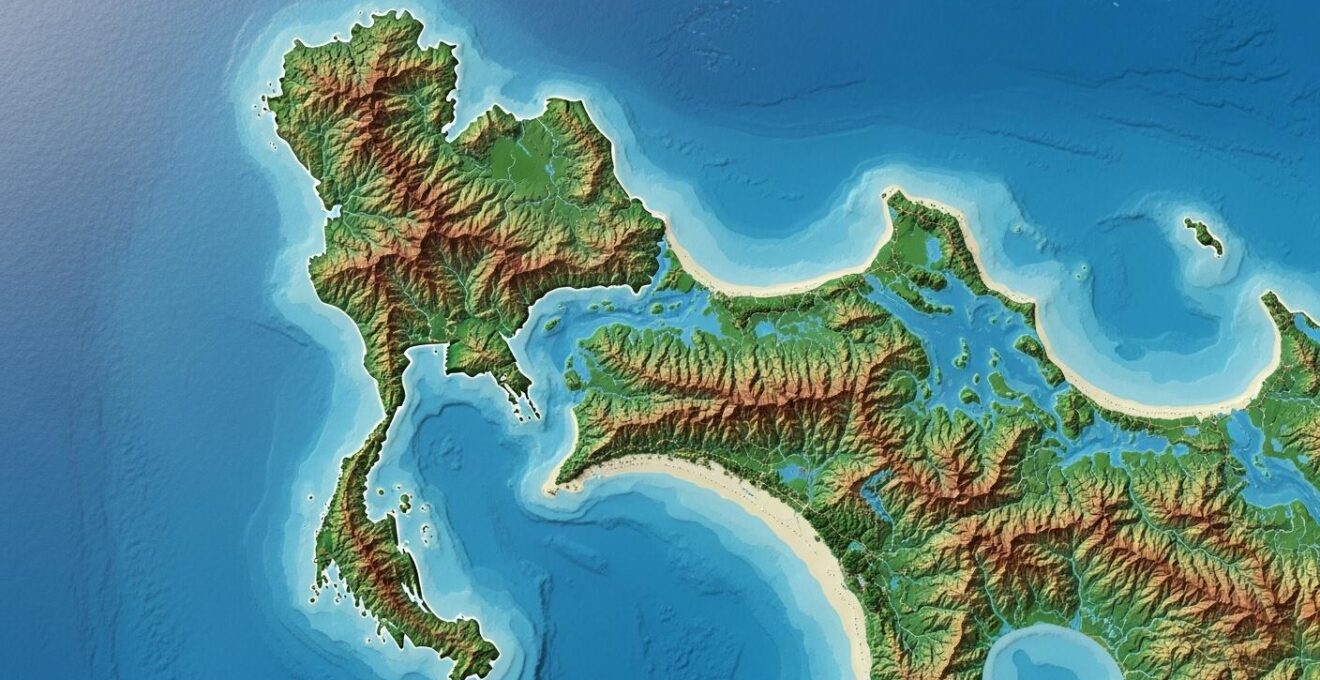 Carte comparative des côtes du Golfe de Thaïlande et de la mer d'Andaman avec éléments naturels distinctifs