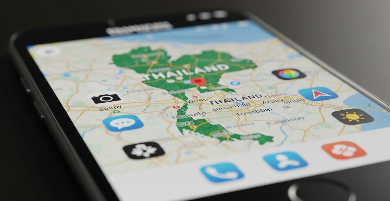 Vue en gros plan d'un smartphone montrant une carte interactive avec des icônes d'applications de voyage en Thaïlande.