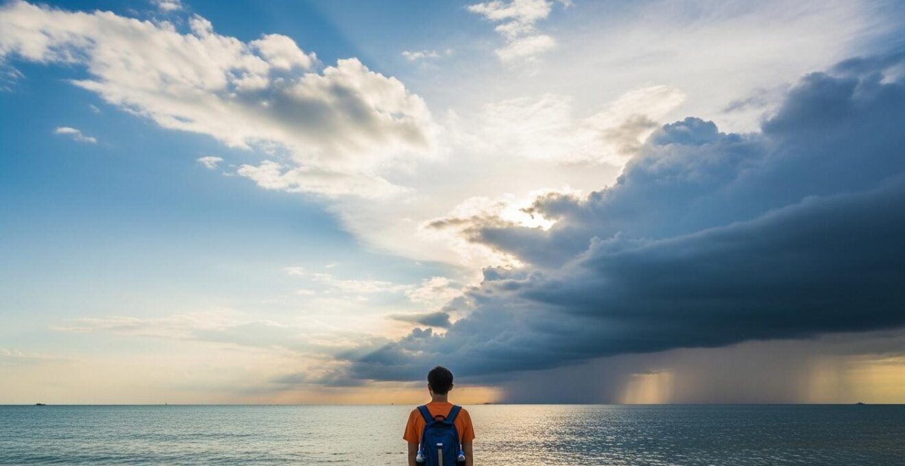 Un voyageur contemplant une plage tropicale en Thaïlande sous un ciel partagé entre soleil éclatant et nuages de mousson