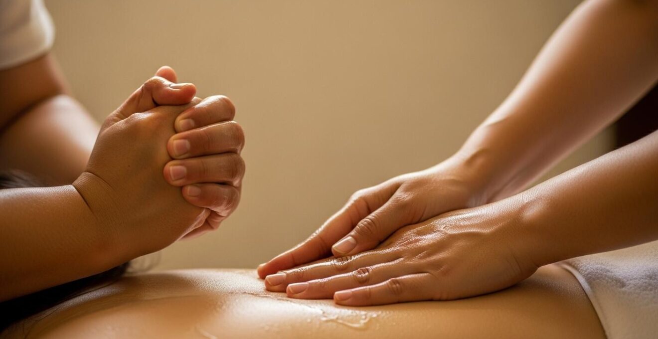Illustration symbolique des mains effectuant un massage traditionnel et un massage aux huiles avec huiles essentielles