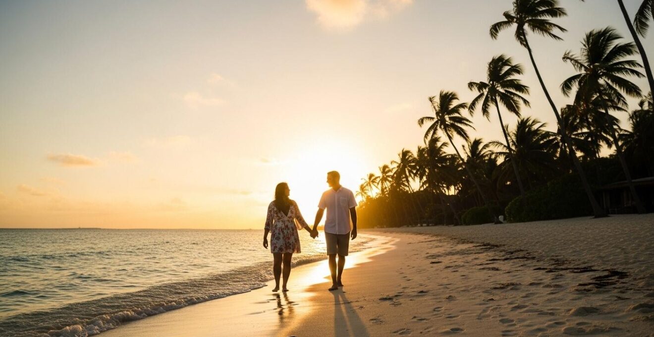 Un couple marchant main dans la main sur une plage paradisiaque en Thaïlande au coucher du soleil.