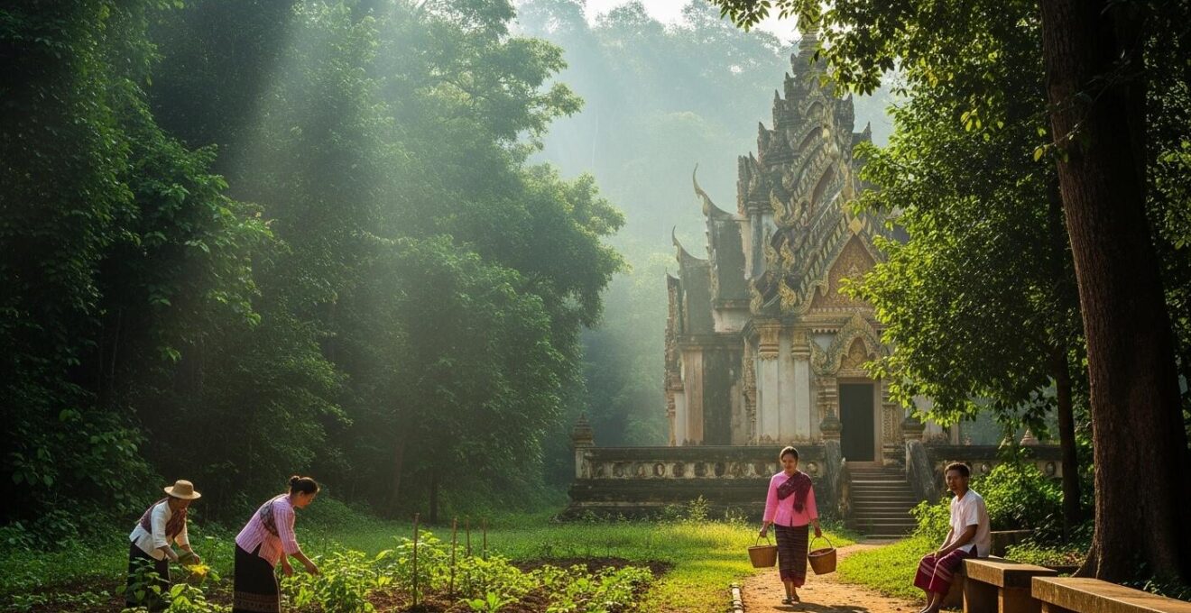 Paysage naturel thaïlandais avec temples cachés et habitants locaux en arrière-plan