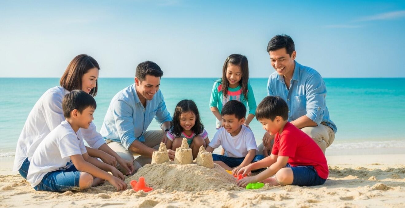 Famille joyeuse avec des enfants souriants jouant sur une plage tropicale en Thaïlande