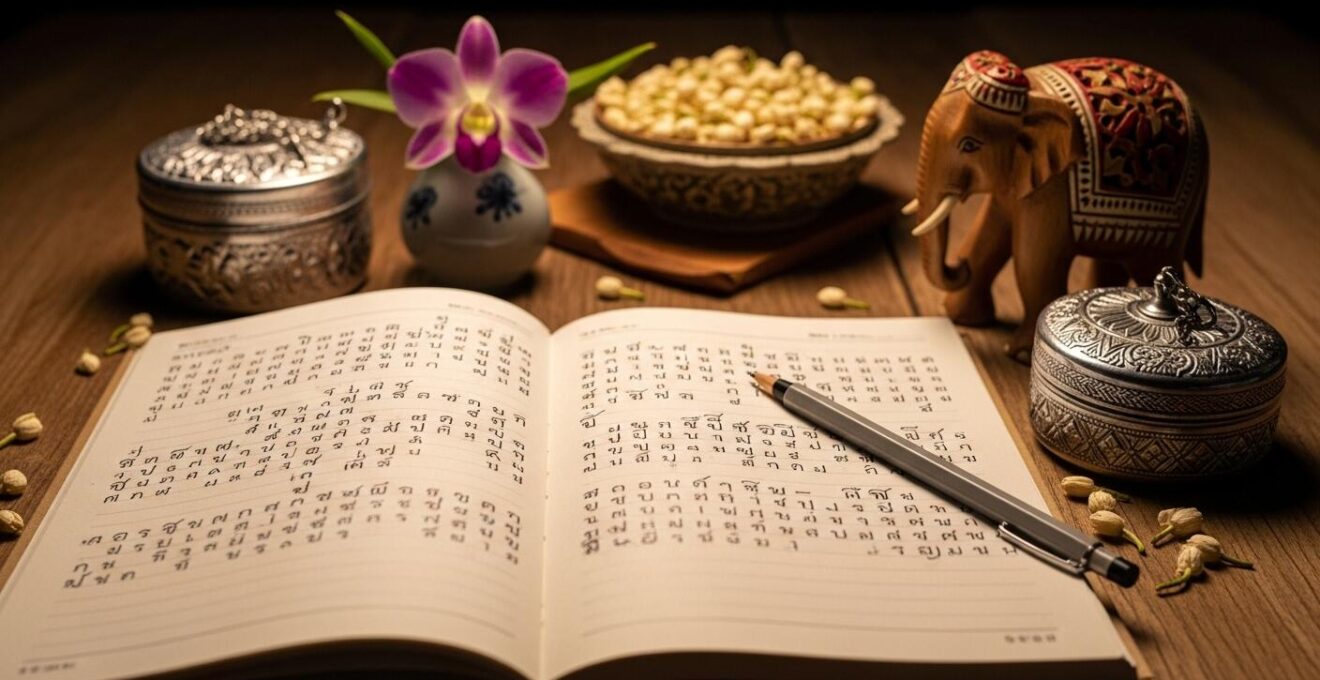 Illustration symbolique de mots thaïs célèbres sur fond abstrait évoquant la communication