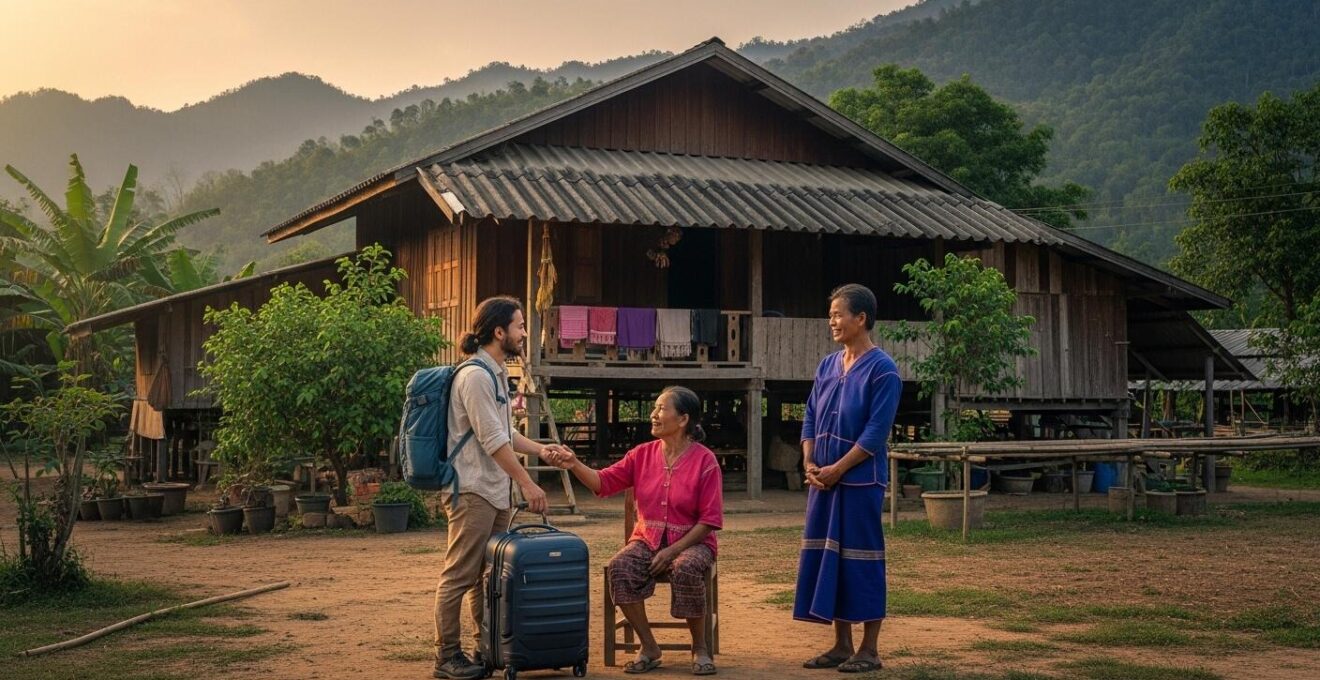 Scène d'immersion authentique en Thaïlande montrant une famille locale accueillant un voyageur dans un village entouré de nature luxuriante