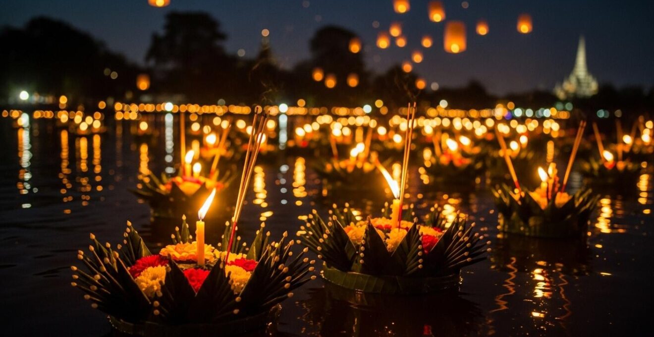 Scène vibrante et colorée d'un festival traditionnel thaïlandais avec locaux lançant des lanternes flottantes sur l'eau