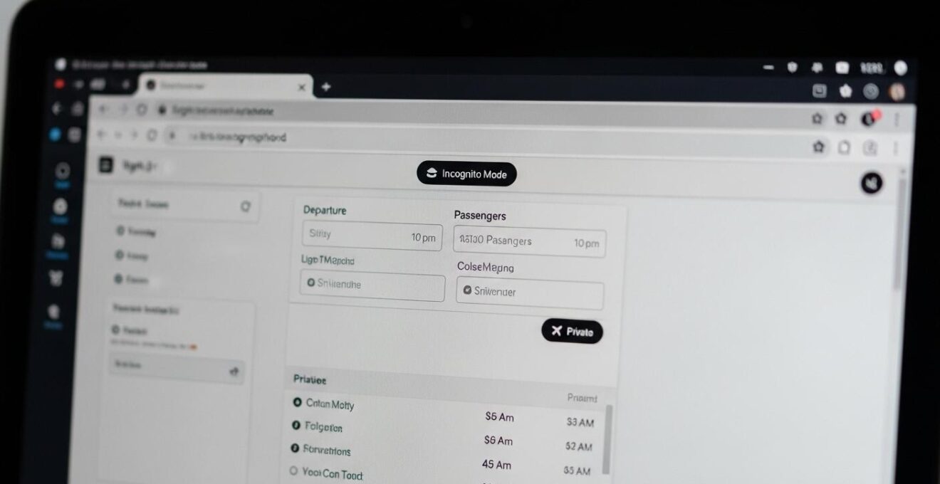 Gros plan sur un écran d'ordinateur affichant une fenêtre de navigation privée recherche de vols aériens.
