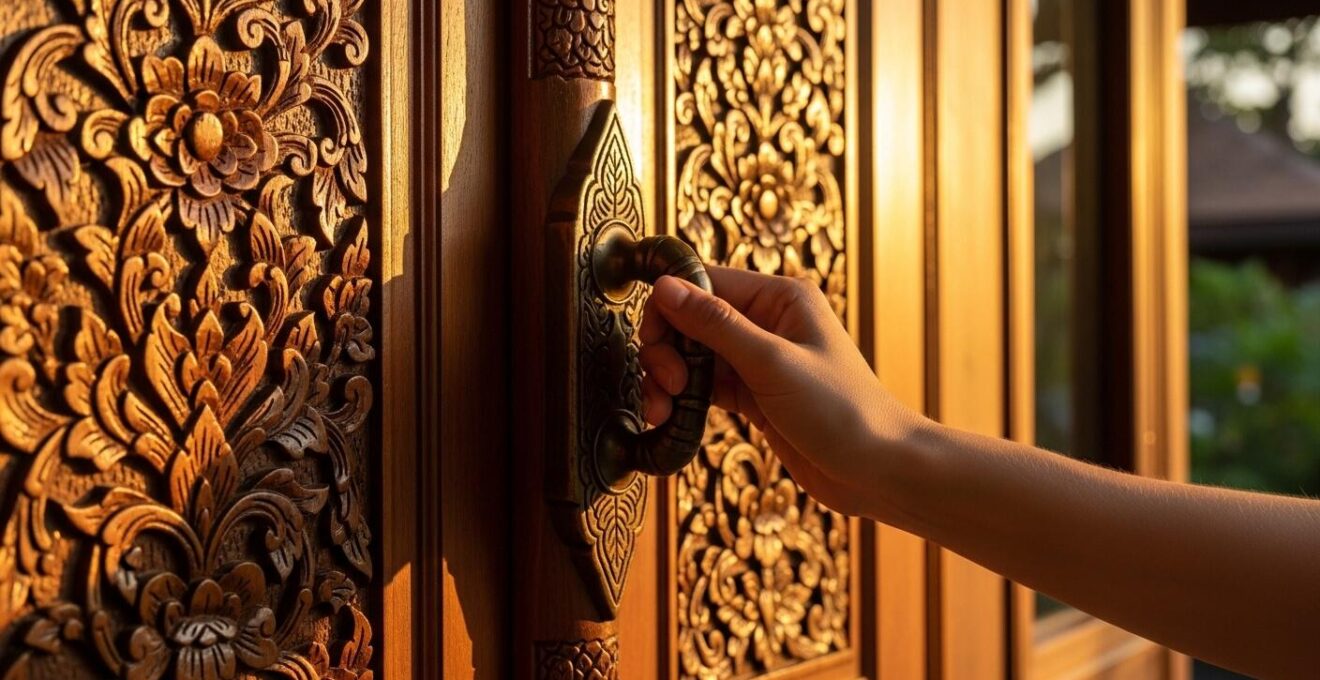Gros plan hypernet d'une main ouvrant une porte sculptée de villa de luxe en Thaïlande