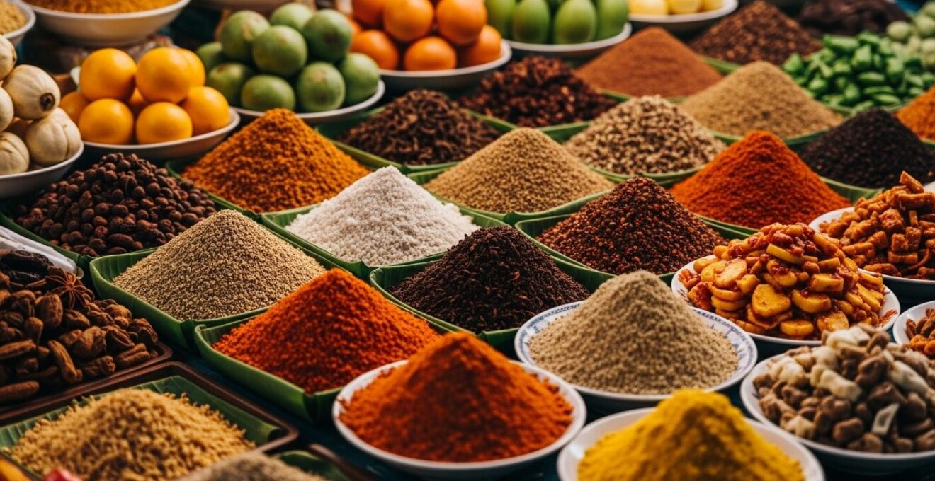 Détail d’étals colorés de marché local thaïlandais avec étalages d’épices, fruits et plats de street food