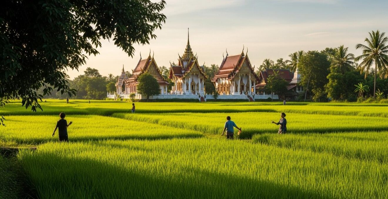 Paysage panoramique typique de la Thailande, incluant temples, végétation luxuriante et silhouettes humaines.