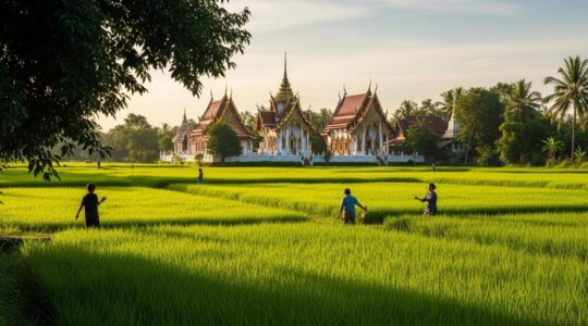 Paysage panoramique typique de la Thailande, incluant temples, végétation luxuriante et silhouettes humaines.