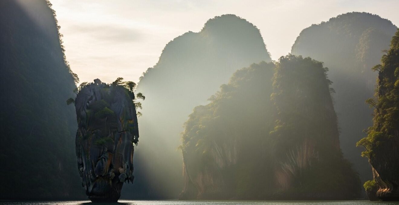 Paysage mystique de pitons calcaires se dressant dans la baie de Phang Nga avec une légère brume