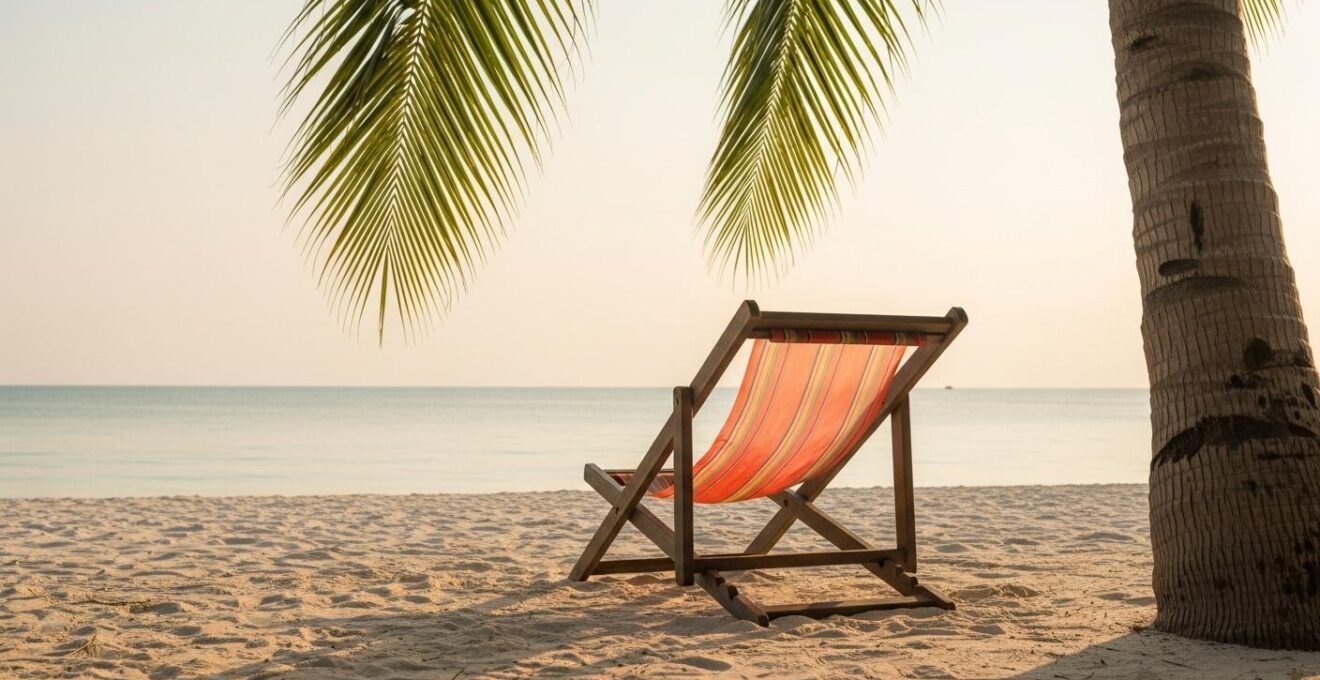 Plage tropicale de Thaïlande avec transat vide sous un palmier au coucher du soleil