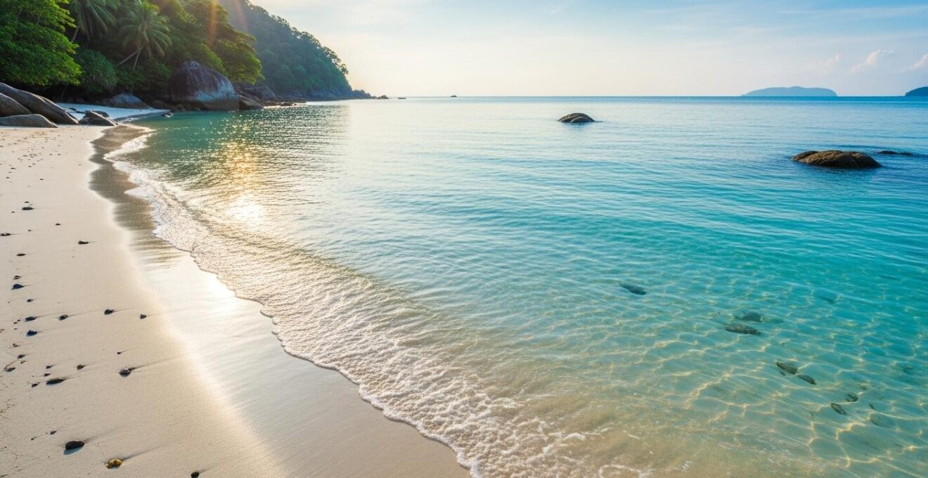 Une plage thaïlandaise idyllique avec sable blanc et eau turquoise reflétant une ambiance paisible et accueillante