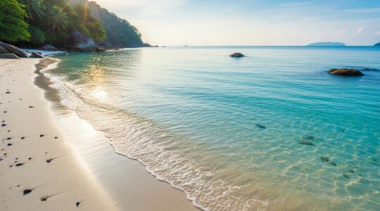Une plage thaïlandaise idyllique avec sable blanc et eau turquoise reflétant une ambiance paisible et accueillante