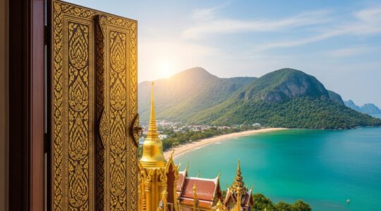 Une image symbolique représentant la Thaïlande comme porte d'entrée en Asie du Sud-Est avec un paysage mêlant temples, plages et reliefs montagneux.