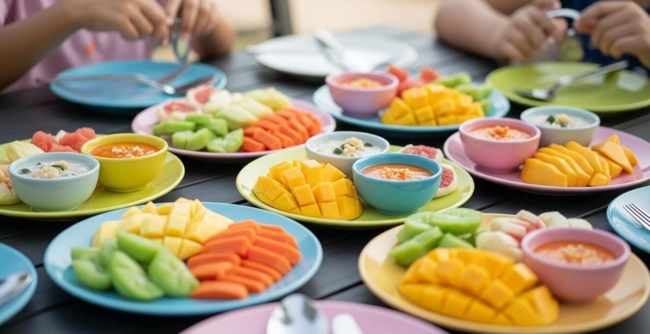 Famille dégustant un repas varié avec des fruits locaux exotiques sur une table en extérieur