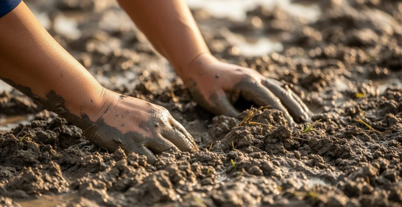 Vue en gros plan d’une rizière en terrasses avec des agriculteurs locaux au travail