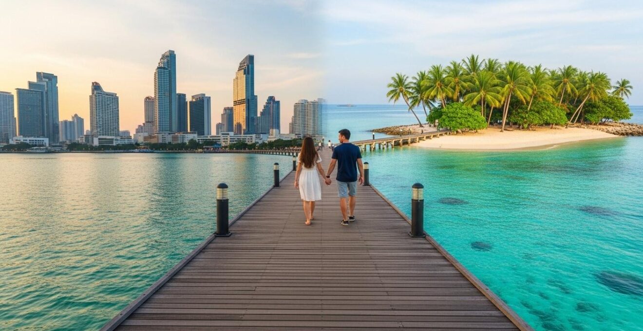 Un couple sur un ponton en bois passant du tumulte urbain vers une île paisible