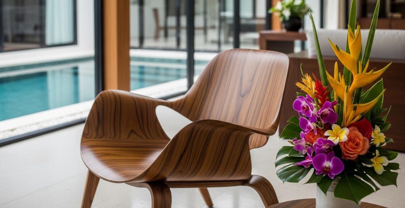 Intérieur design d’une villa privée de luxe avec piscine en Thaïlande, ambiance élégante et raffinée.