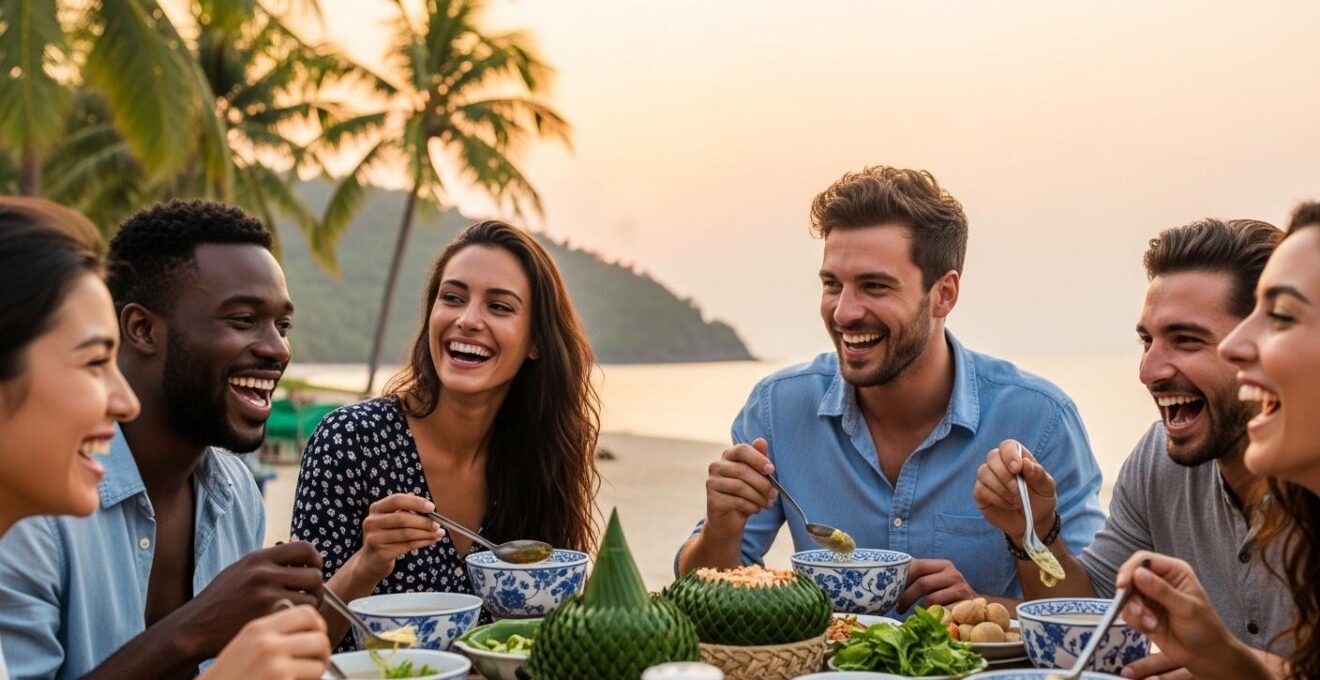 Un groupe d'amis souriants partageant un moment convivial devant un paysage tropical thaïlandais au coucher du soleil