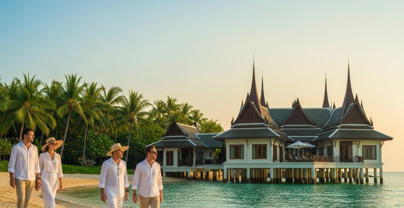 Scène immersive d'une plage paradisiaque en Thaïlande au coucher du soleil, incluant silhouettes de voyageurs contemplatifs et architectures traditionnelles