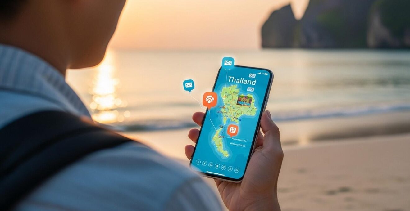Un voyageur utilisant un smartphone affichant une carte interactive de la Thaïlande avec des icônes d'applications, au coucher du soleil sur une plage thaïlandaise.
