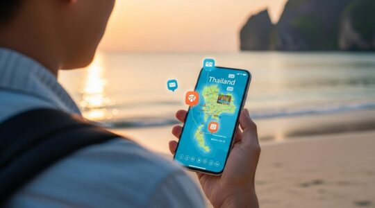 Un voyageur utilisant un smartphone affichant une carte interactive de la Thaïlande avec des icônes d'applications, au coucher du soleil sur une plage thaïlandaise.