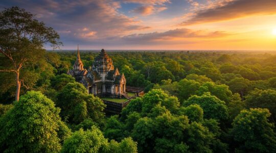 Un voyageur contemple un paysage thailandais entre nature luxuriante et temples anciens au coucher du soleil.