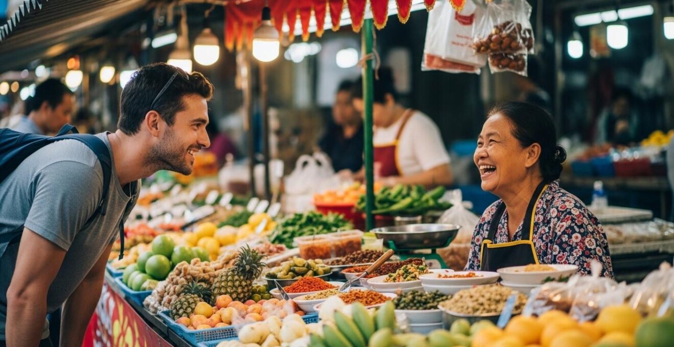 Un voyageur souriant en train de converser avec un habitant local dans un marché traditionnel en Thaïlande.