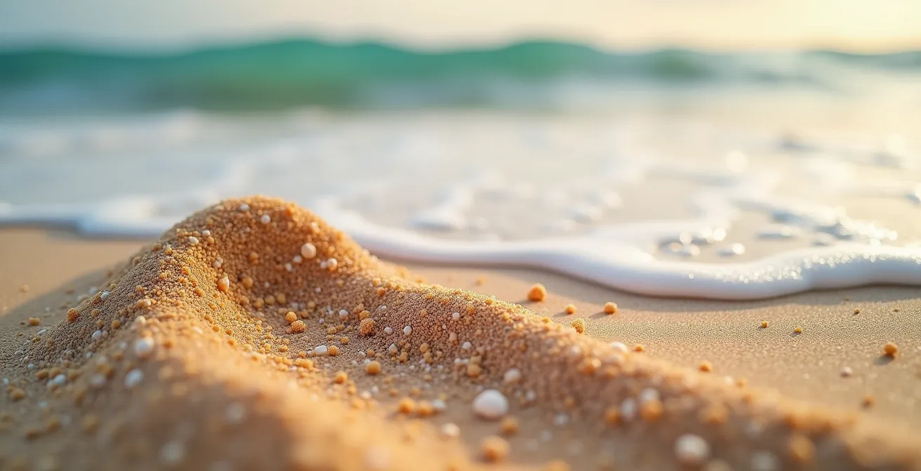 Détail macro du sable de plage, vagues douces et paysage sonore d'une plage thaïlandaise