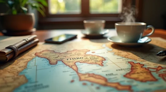 Une carte de la Thailande ouverte sur une table en bois, entourée d'objets personnels comme un carnet de voyage, un stylo, une tasse de cafe et un smartphone, symbolisant la creation dun itineraire unique