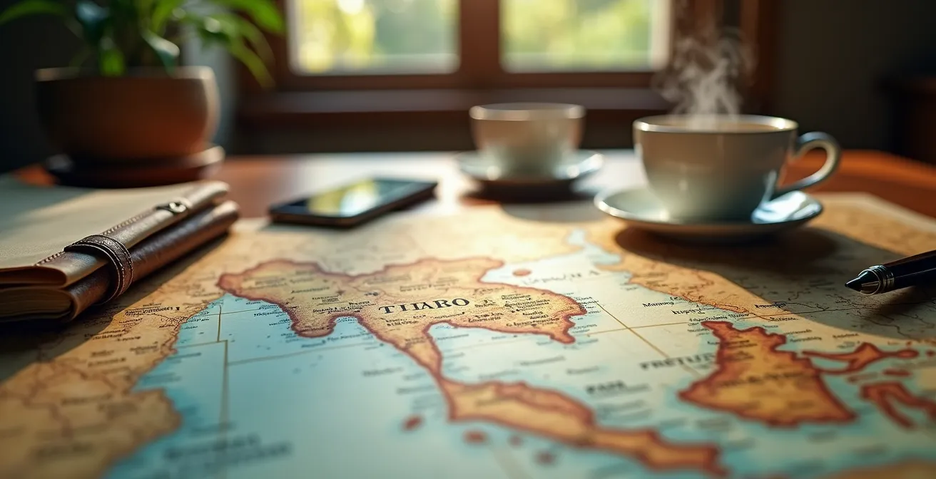 Une carte de la Thailande ouverte sur une table en bois, entourée d'objets personnels comme un carnet de voyage, un stylo, une tasse de cafe et un smartphone, symbolisant la creation dun itineraire unique