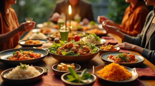Une table thaïlandaise traditionnelle splendide avec un assortiment coloré de plats équilibrés, mettant en avant les quatre saveurs de la cuisine thaïe