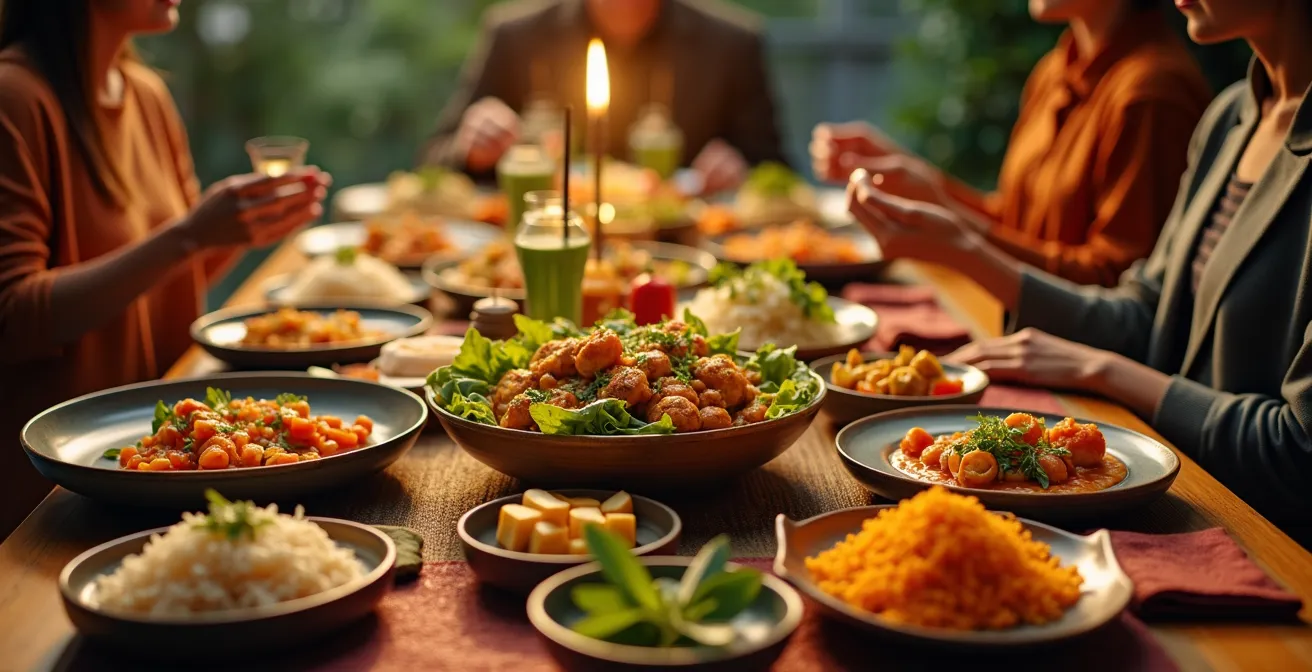 Une table thaïlandaise traditionnelle splendide avec un assortiment coloré de plats équilibrés, mettant en avant les quatre saveurs de la cuisine thaïe