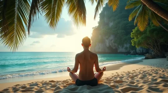 Illustration symbolique représentant une carte postale traditionnelle qui se transforme en une île intérieure paisible, avec des éléments de nature luxuriante et de sérénité.