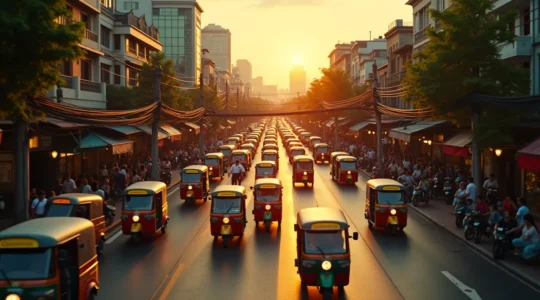 Vue urbaine vibrante et chaotique de Bangkok avec ses routes encombrées, tuk-tuks, bateaux sur les khlongs, et gratte-ciels en arrière-plan