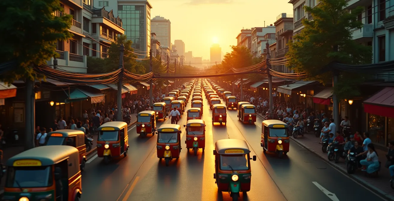 Vue urbaine vibrante et chaotique de Bangkok avec ses routes encombrées, tuk-tuks, bateaux sur les khlongs, et gratte-ciels en arrière-plan