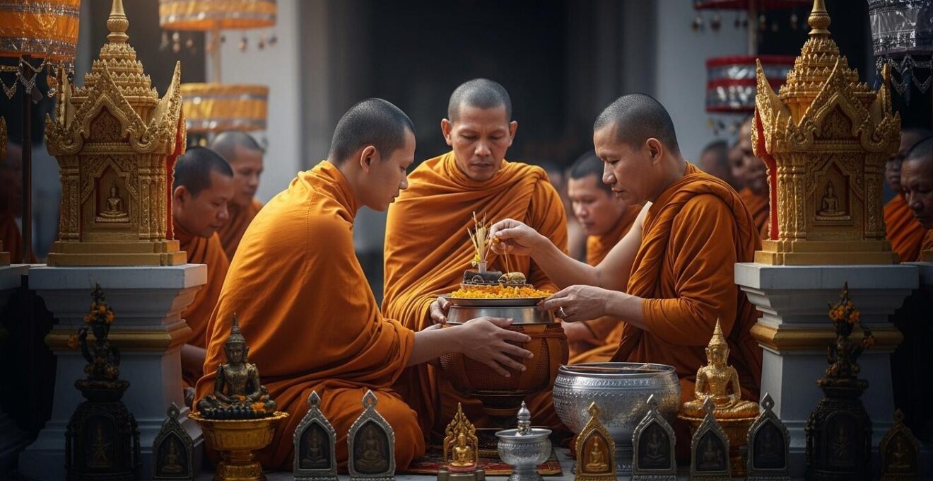 Scène expressive d’un wat thaïlandais animé, montrant à la fois un temple, des moines, des offrandes et des éléments symboliques d’animisme et brahmanisme intégrés