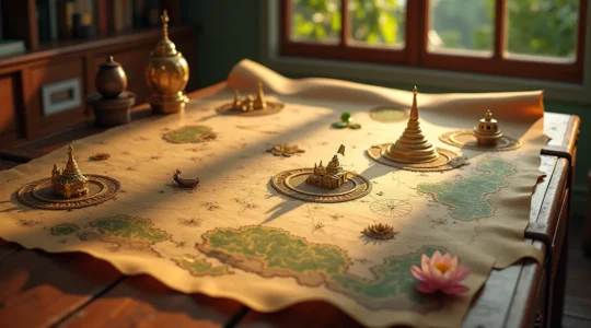 Une illustration symbolique d'une carte au trésor ancienne avec des éléments représentatifs de la Thaïlande, comme un temple bouddhiste, des plages et des paysages naturels