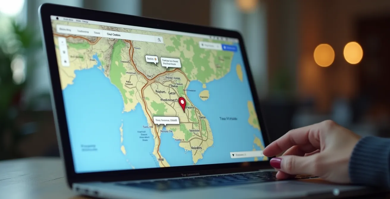 Un ecran dordinateur montrant une carte Google My Maps de la Thailande avec plusieurs calques superposes, des marqueurs de couleur et des annotations, representant un itineraire de voyage personnalise