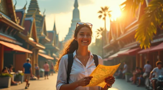 Voyageur planifiant un circuit sur mesure en Thaïlande avec des éléments culturels thaïlandais en arrière-plan