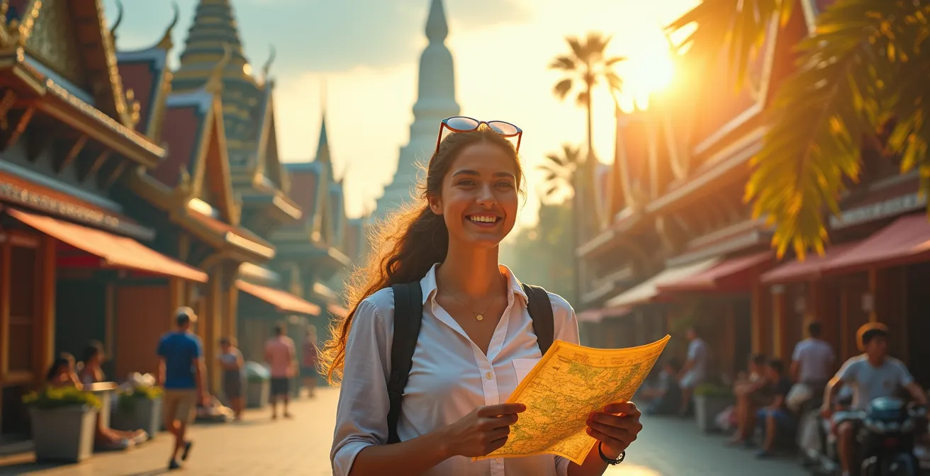 Voyageur planifiant un circuit sur mesure en Thaïlande avec des éléments culturels thaïlandais en arrière-plan