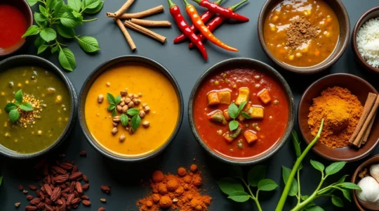 Vue aérienne d'une table avec plusieurs bols de curry thaï de différentes couleurs (vert, rouge, jaune, massaman) accompagnés de leurs ingrédients frais respectifs disposés autour