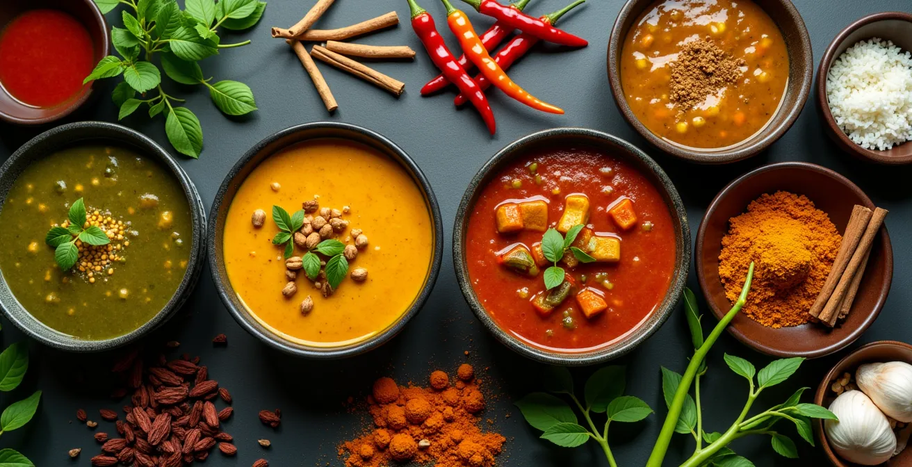 Vue aérienne d'une table avec plusieurs bols de curry thaï de différentes couleurs (vert, rouge, jaune, massaman) accompagnés de leurs ingrédients frais respectifs disposés autour