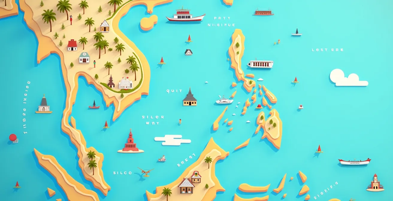 Carte illustrée des îles Thaïlandaises avec un curseur fête-tranquillité indiquant les niveaux respectifs