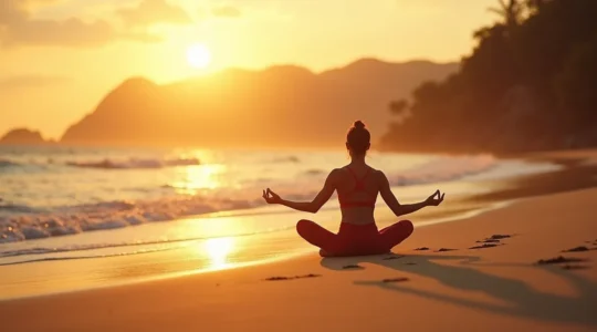 Personne pratiquant yoga et détente active sur une plage thaïlandaise au coucher du soleil